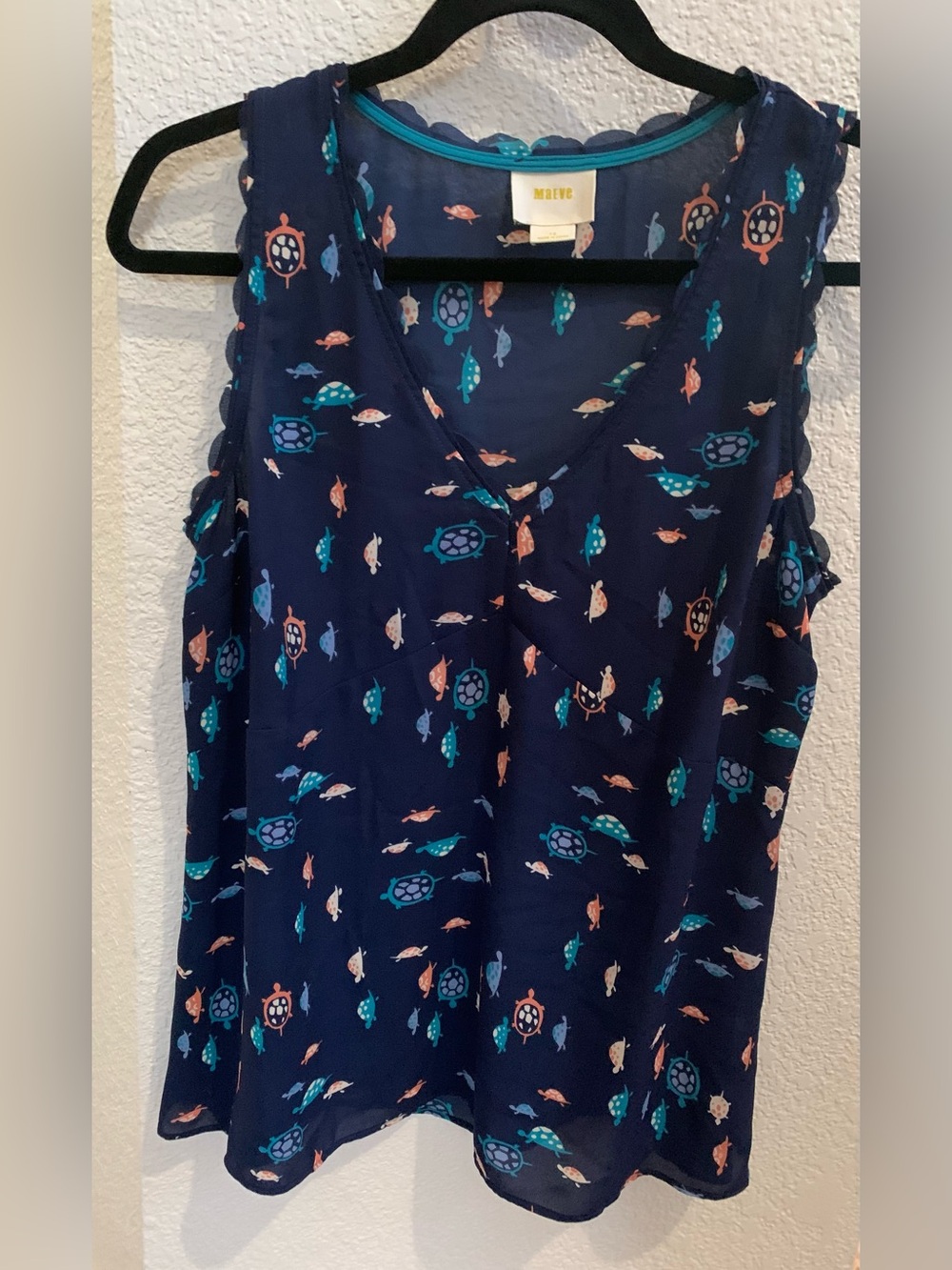 Maeve by Anthropologie Navy V-Neck Turtle Print Tank Top